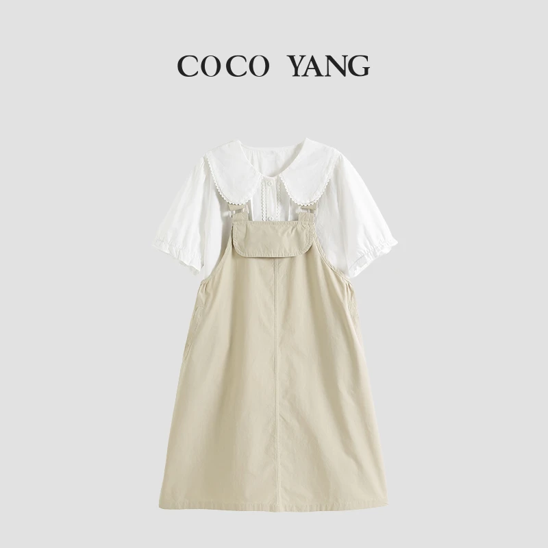 夏季女大童套装休闲时尚衬衫短袖+背带裙气质韩版宽松-YH287