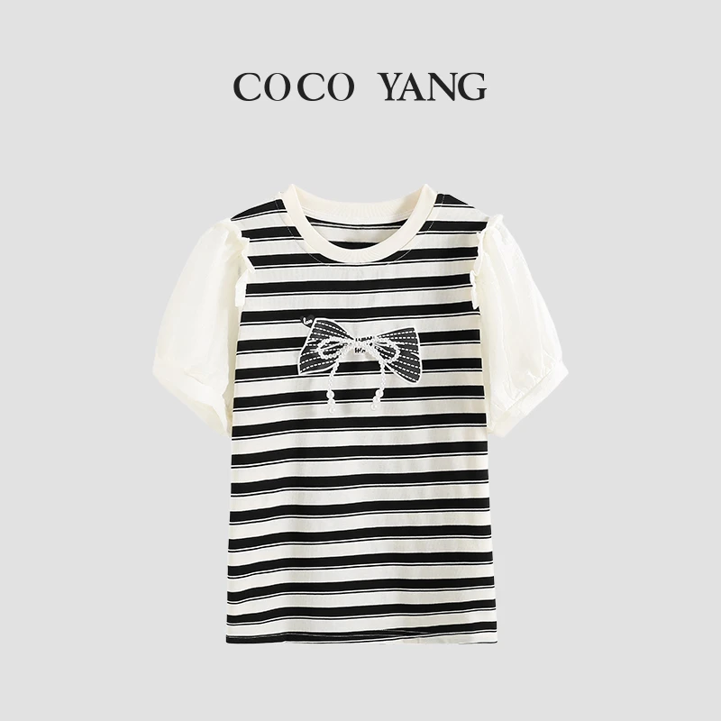 女大童条纹拼色短袖T恤2024夏季新款大童休闲潮流上衣-YH439