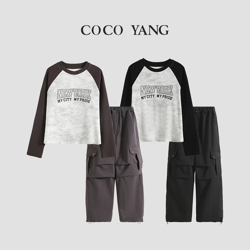 春秋女童洋气长袖套装时尚潮流长袖T恤+工装裤两件套-YHA021