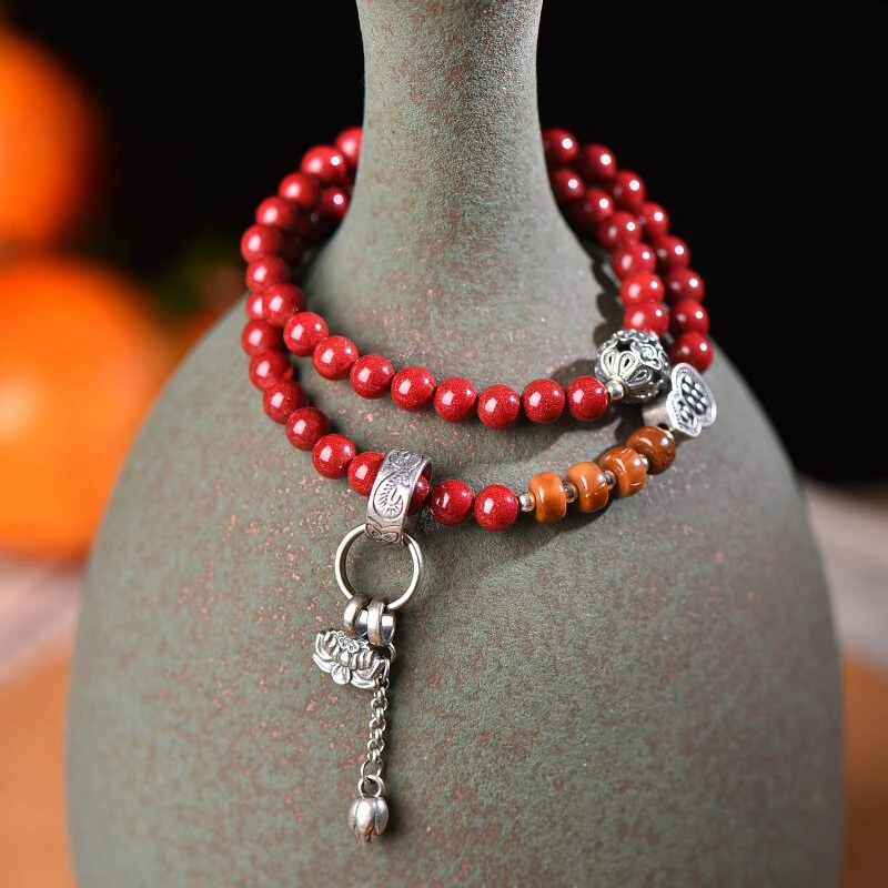 含辰砂工艺品【栀夏原创】朱砂双圈女士手链莲花葫芦龙年送礼送闺蜜
