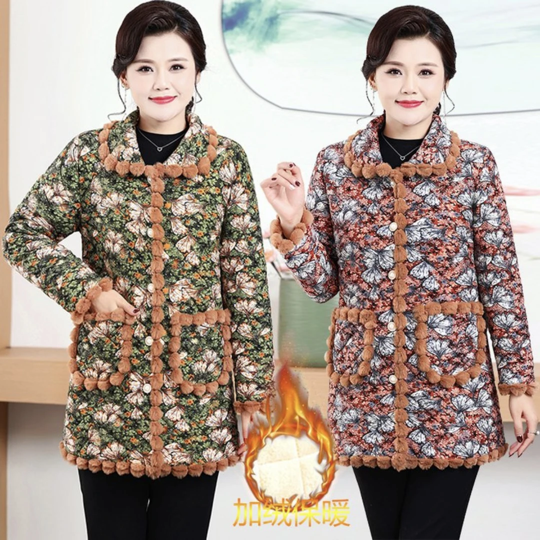 妈妈装冬装加厚中长款棉服外套中老年女士加绒保暖棉衣花棉袄