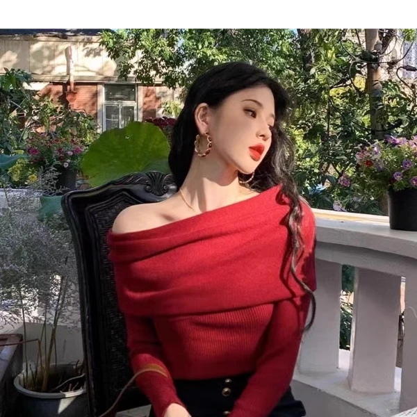 辣妹红色一字肩小心机百搭衫女春季纯欲风小个露锁骨显瘦长袖上衣