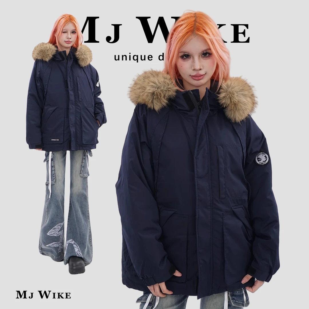 美式复古大毛领羽绒棉服女冬季保暖加厚户外设计感登山服冲锋衣潮