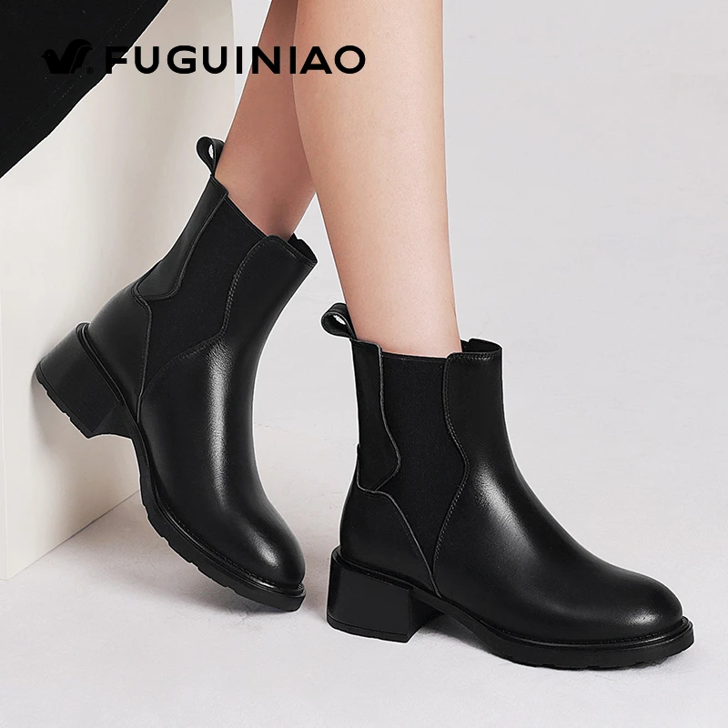 FUGUINIAO/富贵鸟真皮女2024新款秋冬粗跟短靴中跟靴加绒马丁靴