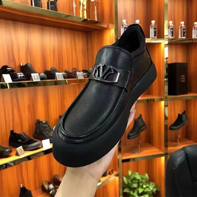 【有单有棉】真皮男鞋冬季加绒黑色一脚蹬商务鞋英伦士休闲皮鞋男