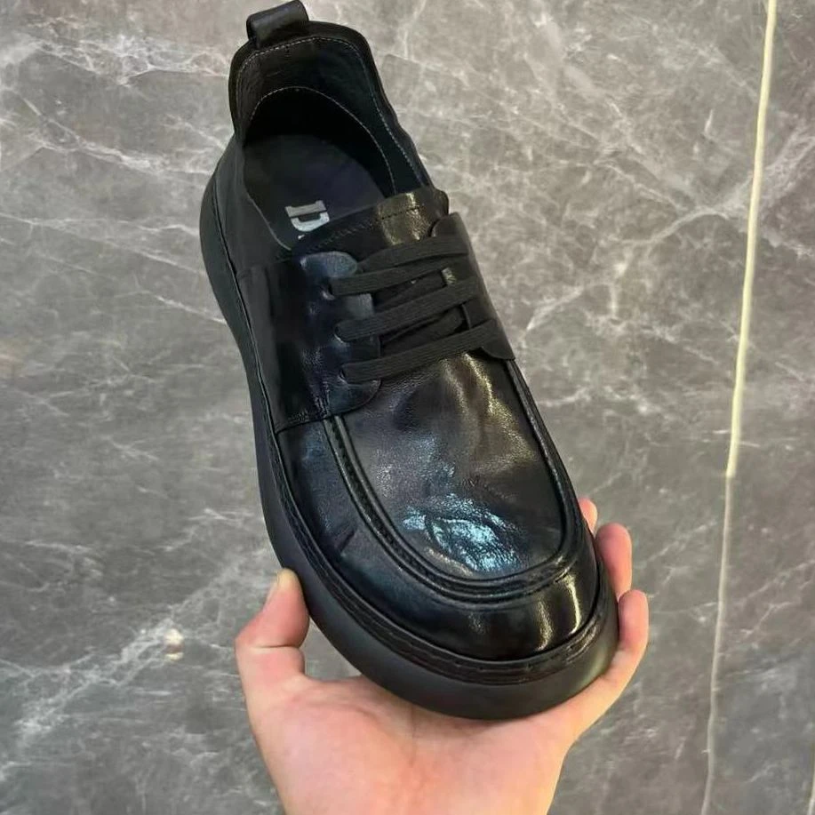 秋季新款时尚休闲鞋男头层纯皮鞋百搭透气软底松紧鞋带男鞋