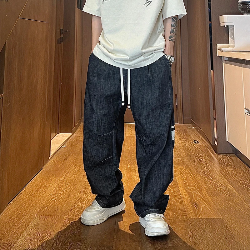 到位男装秋款经典印花直筒阔腿色织牛仔裤W814