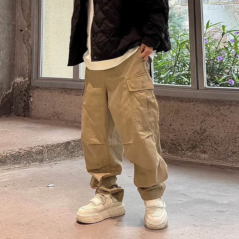 到位男装秋冬日系水洗大口袋人字斜工装休闲长裤男220025