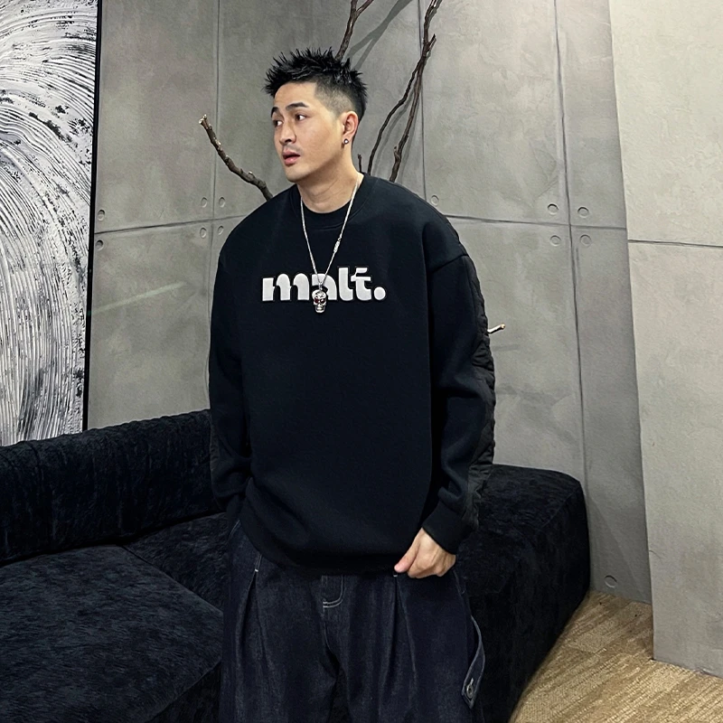 到位男装秋冬加绒时尚刺绣字母拼接夹棉休闲宽松长袖卫衣89255
