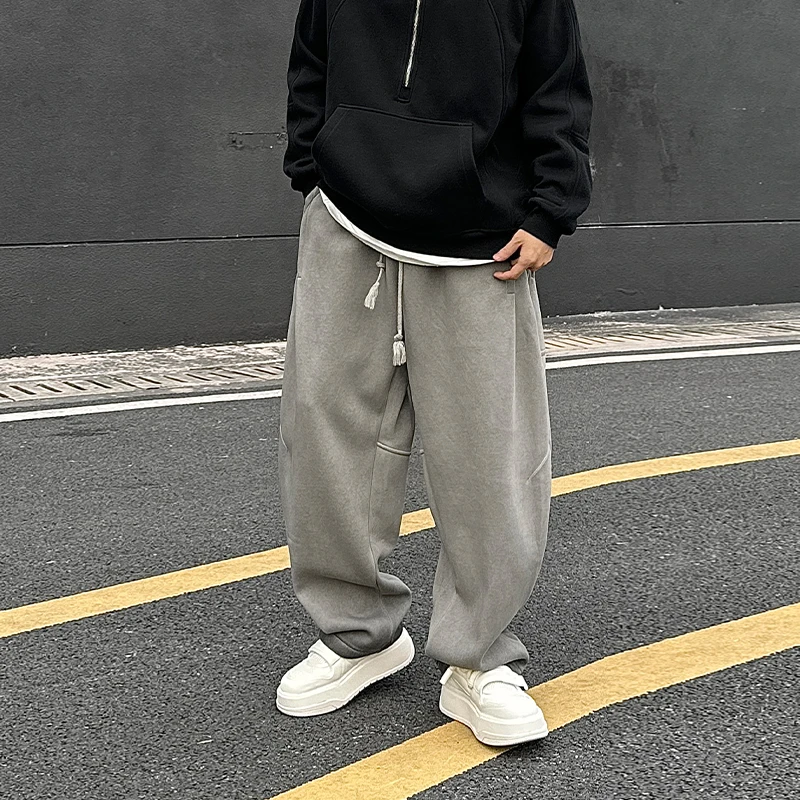 到位男装冬季磨毛加厚水洗时尚阔腿直筒捏褶香蕉卫裤P9551