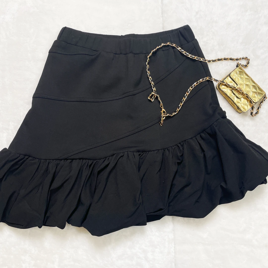 【单款】043694高腰百搭黑色不规则百褶褶皱荷叶边设计感