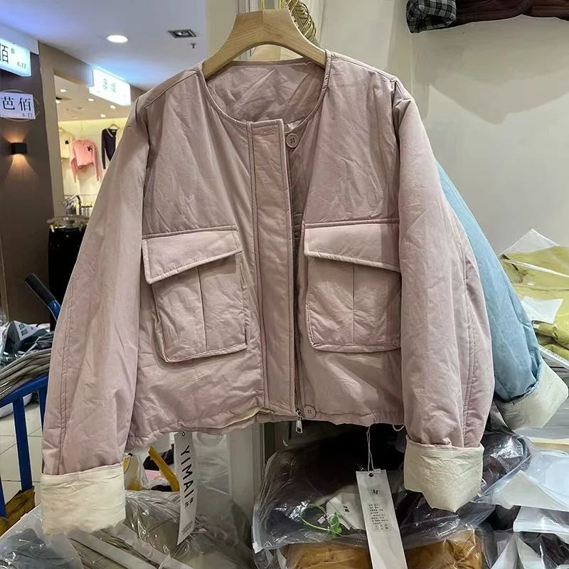 2024年韩系糖果色圆领棉服简约百搭宽松保暖棉衣外套