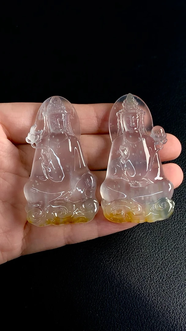 天然A货缅甸翡翠 观音一对（可单拆）尺寸 : 55-29.8-6 / 54-29.8-6