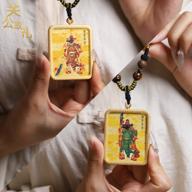 铜项链 《超群绝伦》关公唐卡项链纯手绘鎏金国风男士吊坠