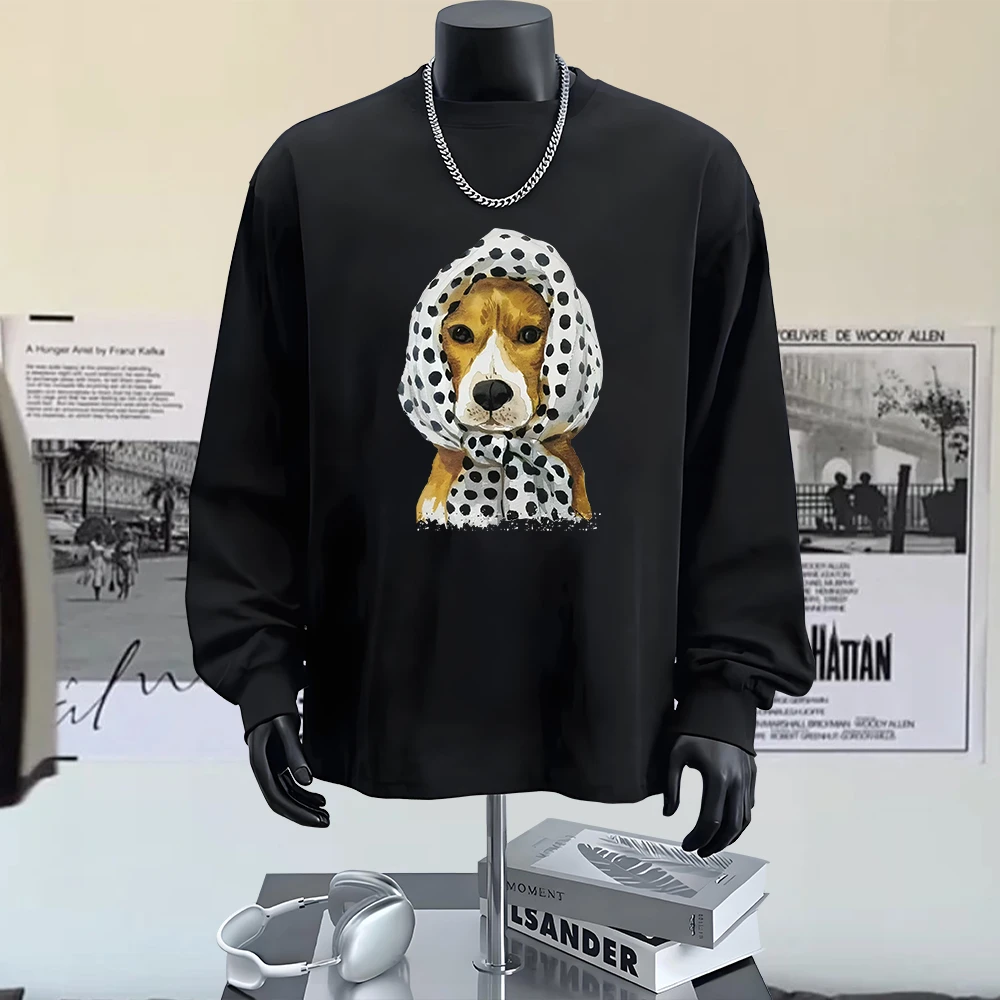 秋季复古创意高级感重磅T恤欧美街头男女圆领纯棉长袖宽松嘻哈风