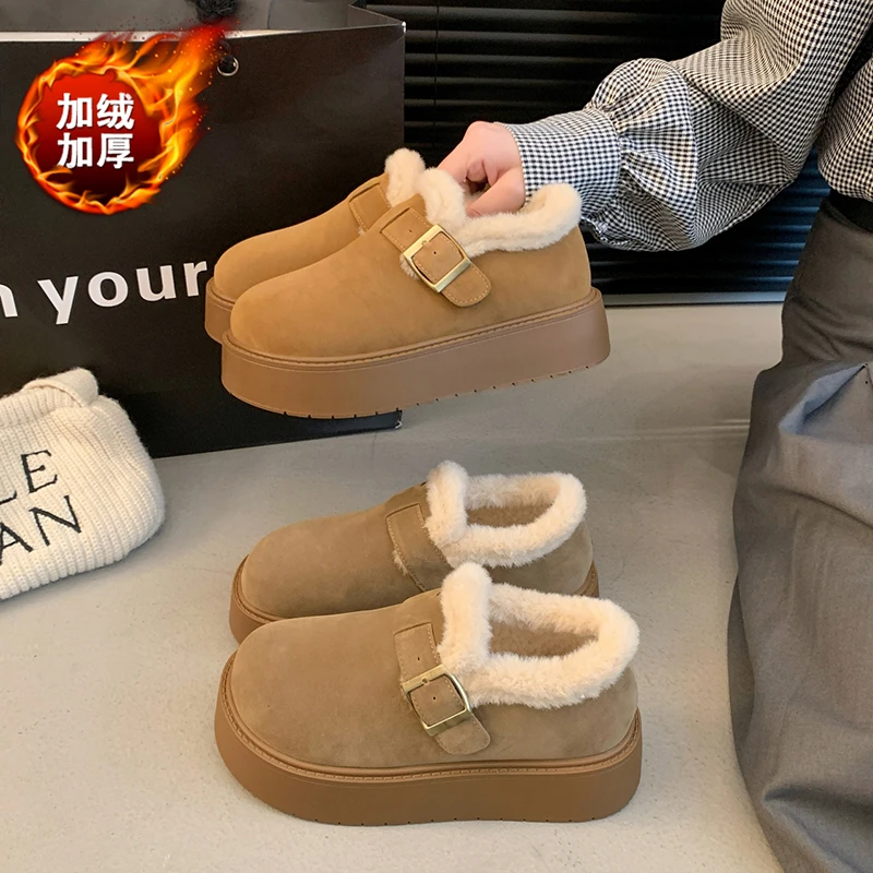 勃肯鞋女2024秋冬加绒保暖新款爆款英伦风真皮防水厚底外穿棉鞋女