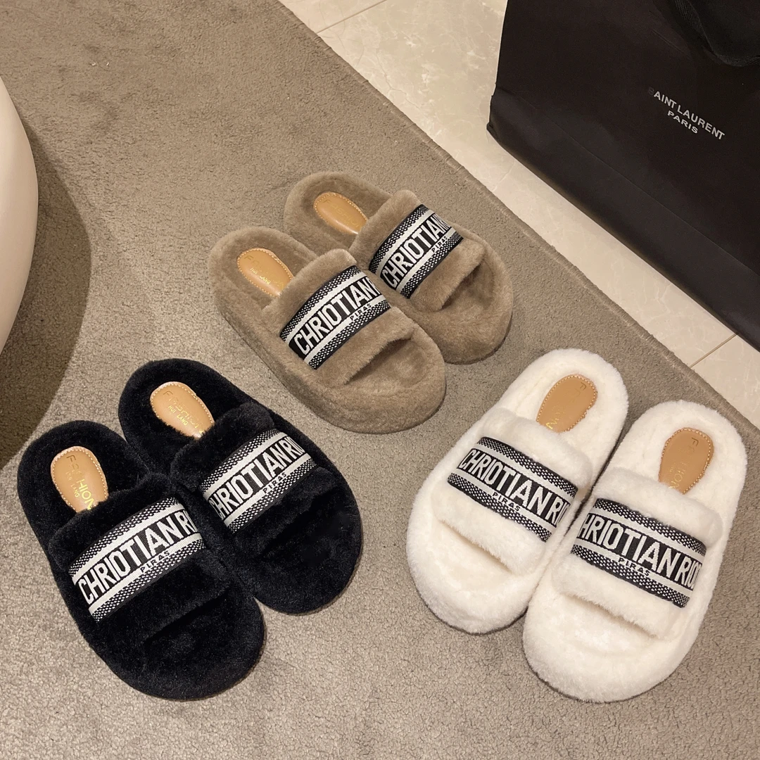 网红厚底毛毛拖鞋女外穿时尚2024年新款秋冬季保暖棉拖爆款一字拖