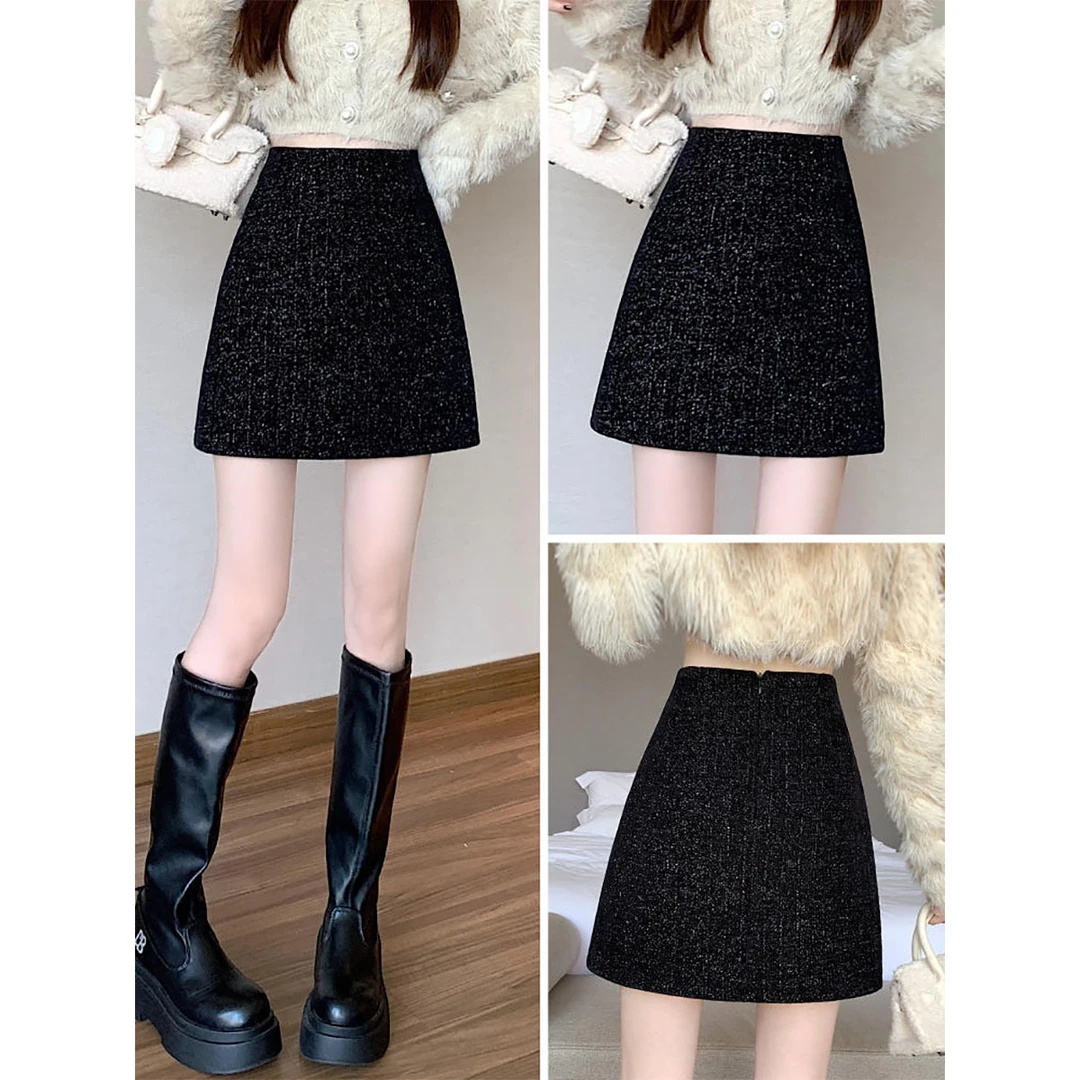 亮丝半身裙女2024新款春秋冬款高腰显瘦黑色复古休闲a字包臀短裙