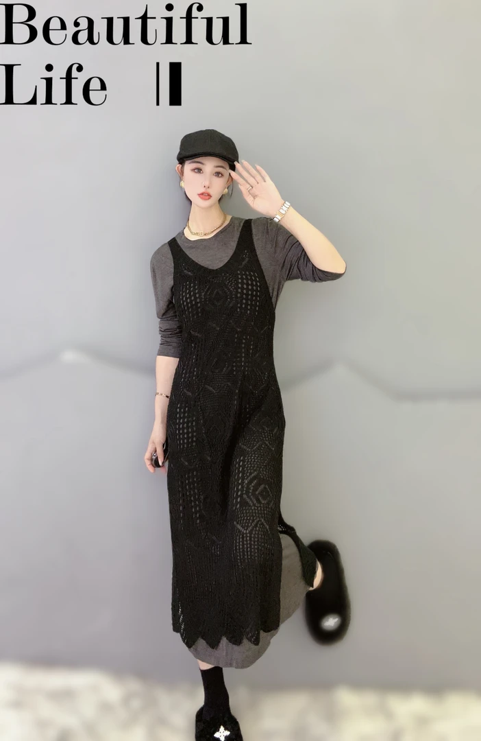 韩版时尚百搭气质显瘦镂空钩花吊带连衣裙两件套