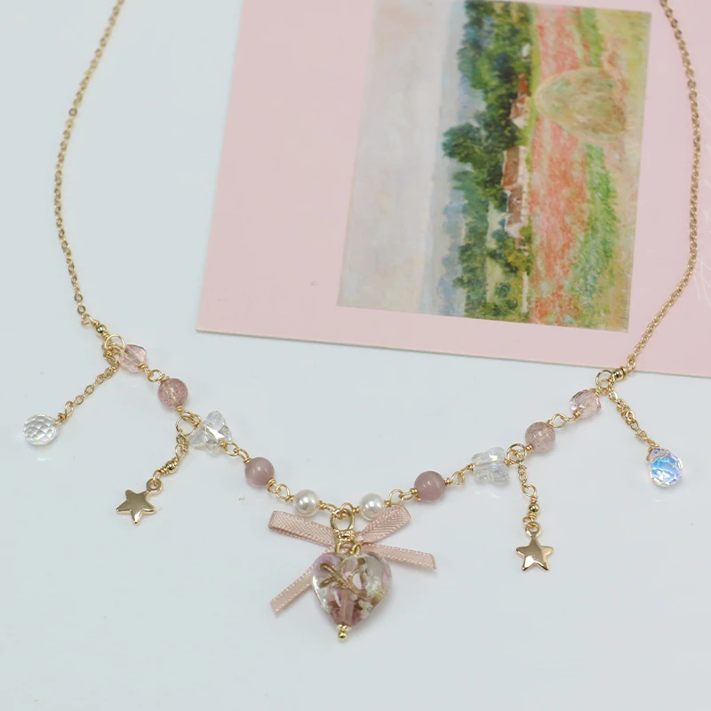 Misscircle Made 铜合金仿珍珠项链 粉色爱心流苏项链女甜美1007