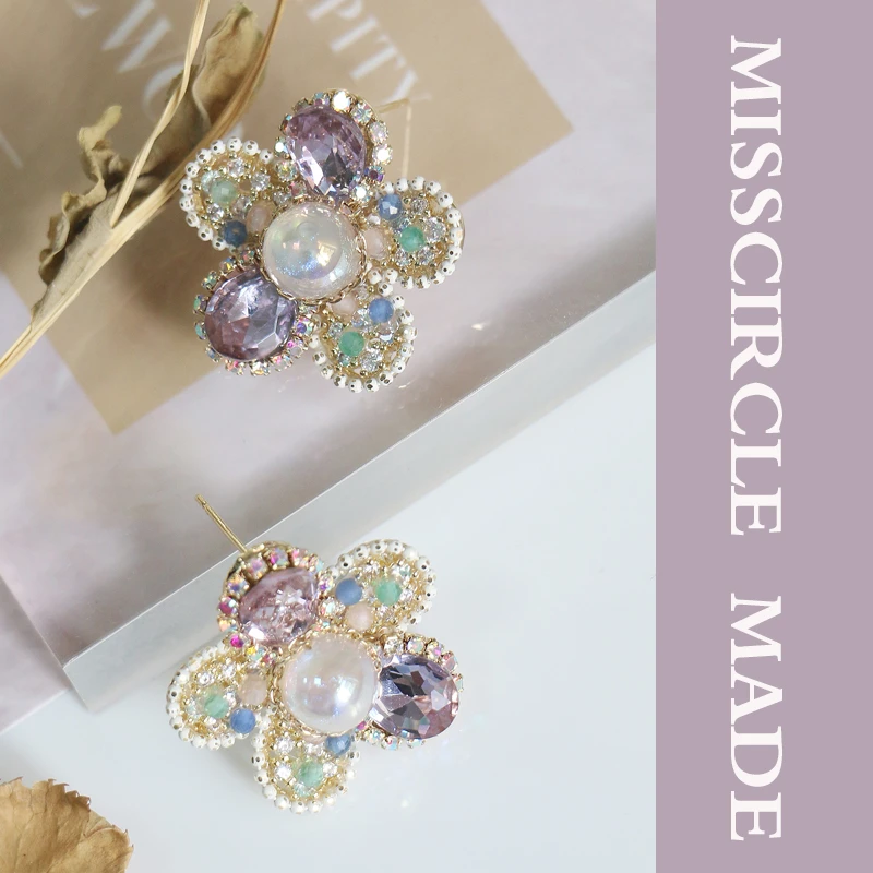 Misscircle Made 铜合金耳饰 满钻手工花朵耳钉精致甜美百搭2629