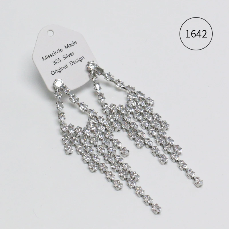 Misscircle Made 铜合金合成锆石耳饰 满钻银色流苏耳环高级1642