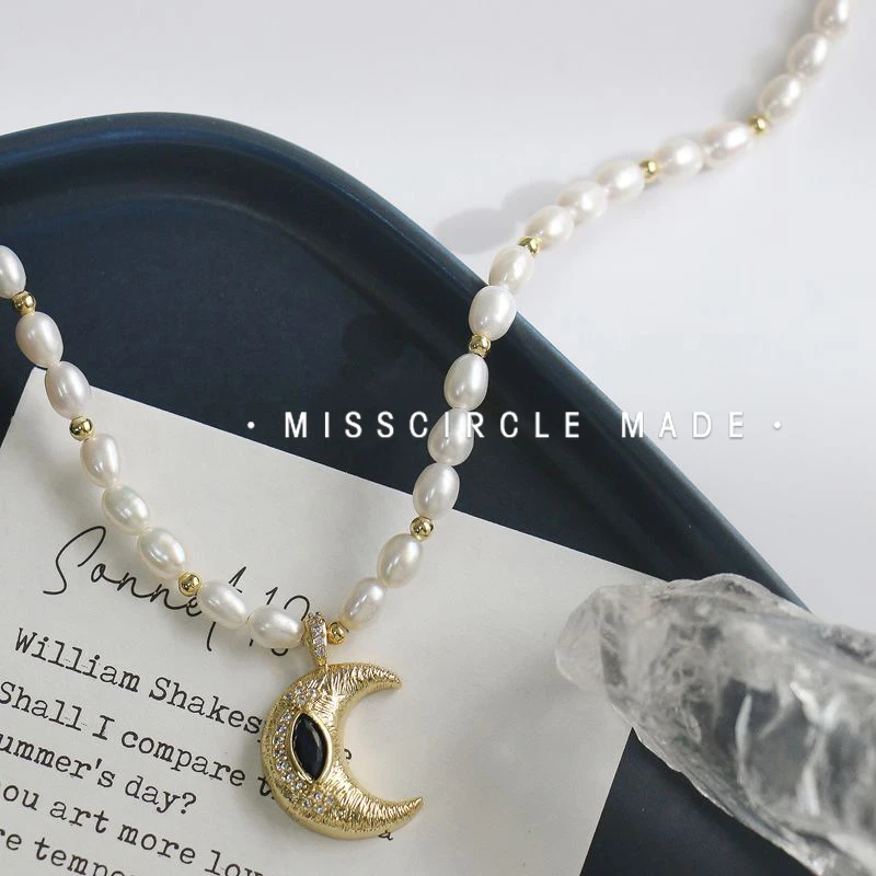 Misscircle Made 铜合金项链 拉丝月亮珍珠项链女锁骨链精致2475