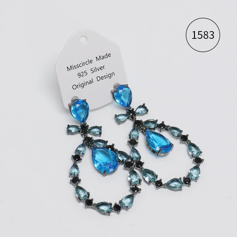 Misscircle Made 铜合金合成锆石耳饰 蓝色水滴吊坠耳环气质1583
