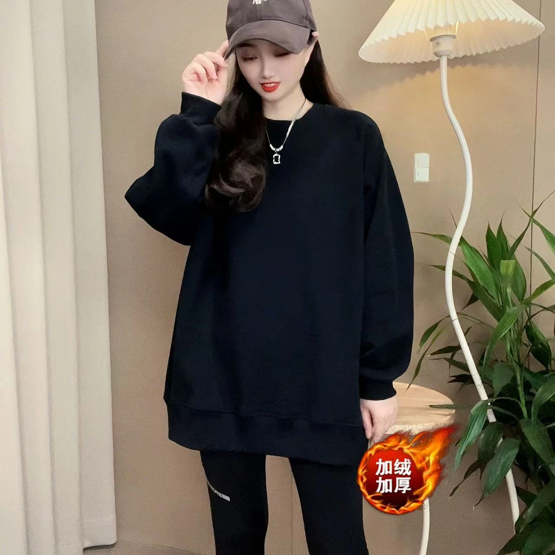 2024秋冬圆领新款时尚休闲纯色宽松背后刺绣字母中长款韩版卫衣女