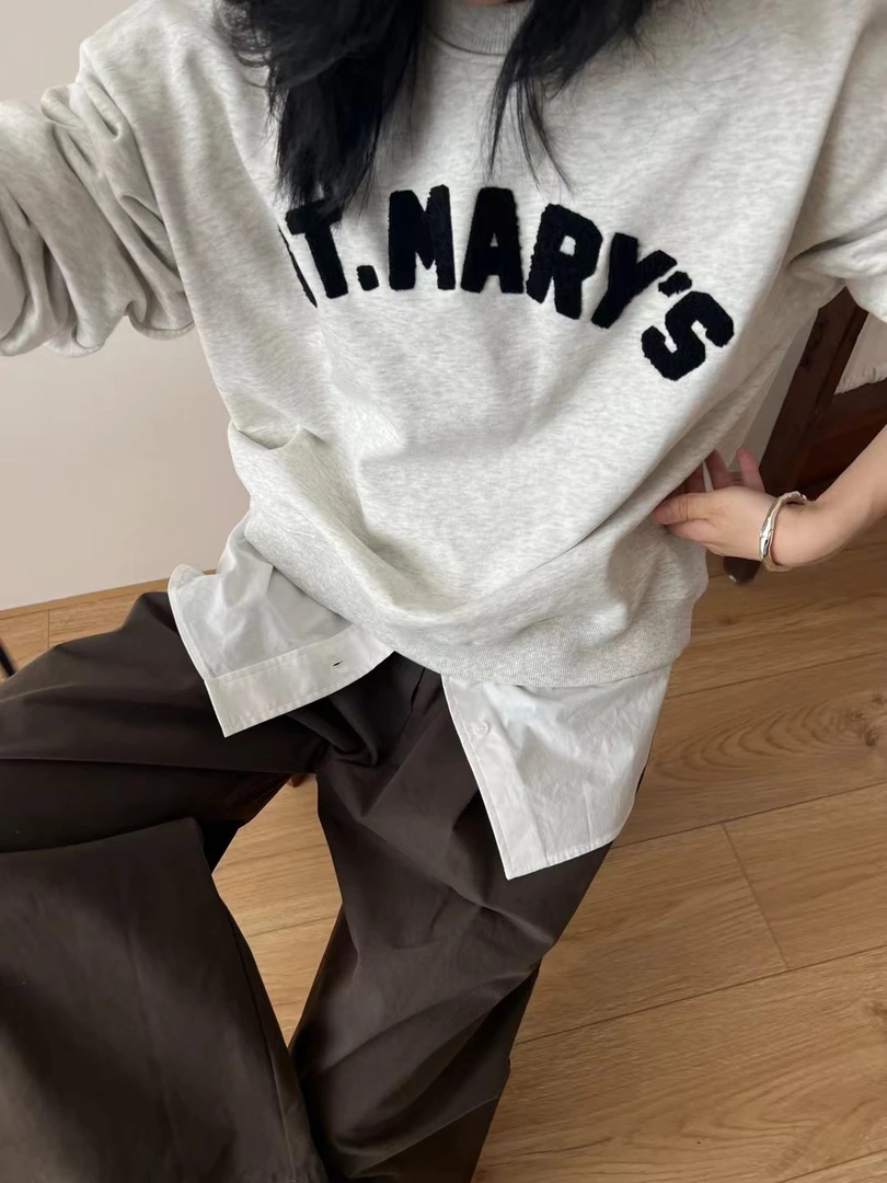 韩系字母刺绣圆领加绒长袖宽松卫衣