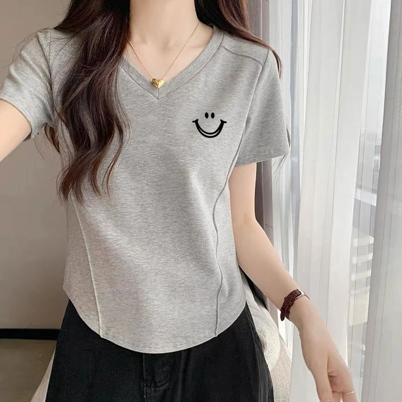 弧形下摆设计感v领正肩短袖t恤纯棉灰色短袖t恤女2025新款爆款