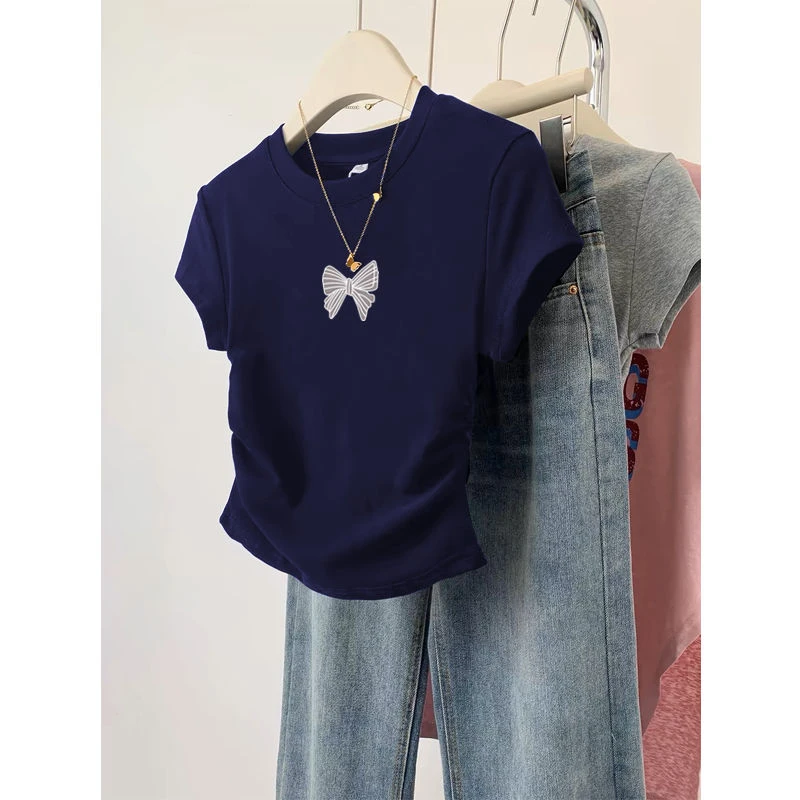 不规则短款短袖t恤女夏季2024新款设计感修身小个子正肩体恤上衣