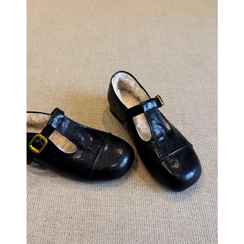 复古风平底法式小皮鞋女2025秋冬新款爆款玛丽珍鞋加绒保暖毛毛鞋