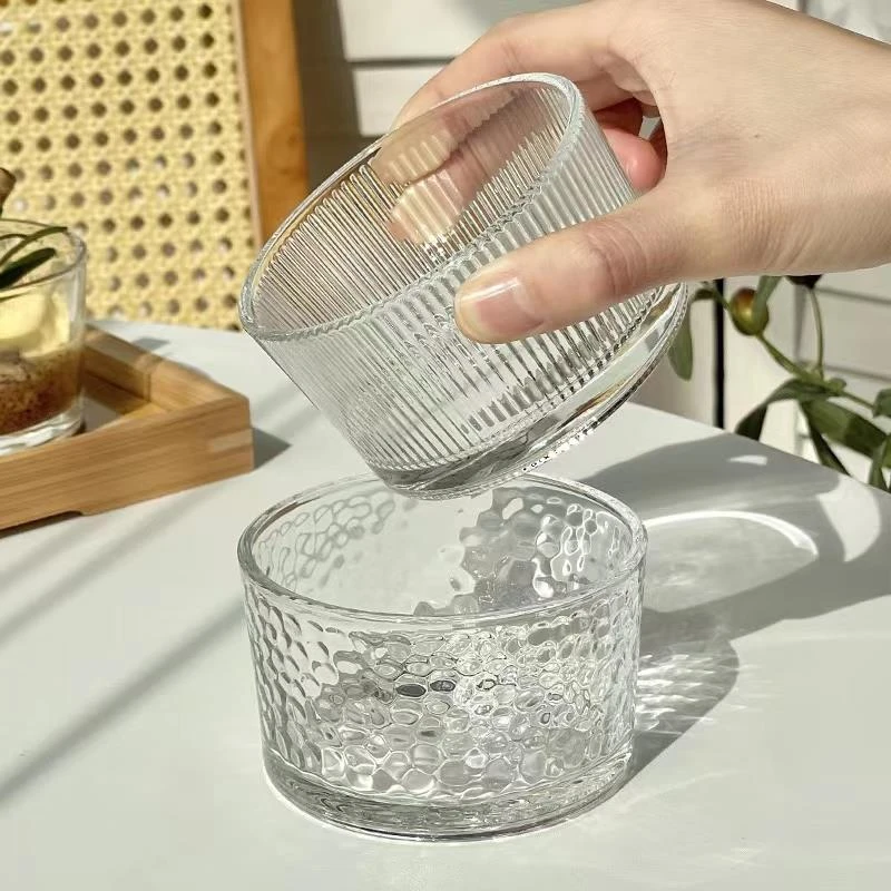 圆形锤纹玻璃碗甜品碗竖条纹水果沙拉碗糖果盘小吃碟透明玻璃碗