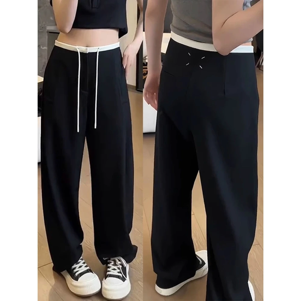 直筒西装裤女春秋2024新款抽绳高腰显瘦休闲裤垂感宽松阔腿拖地裤