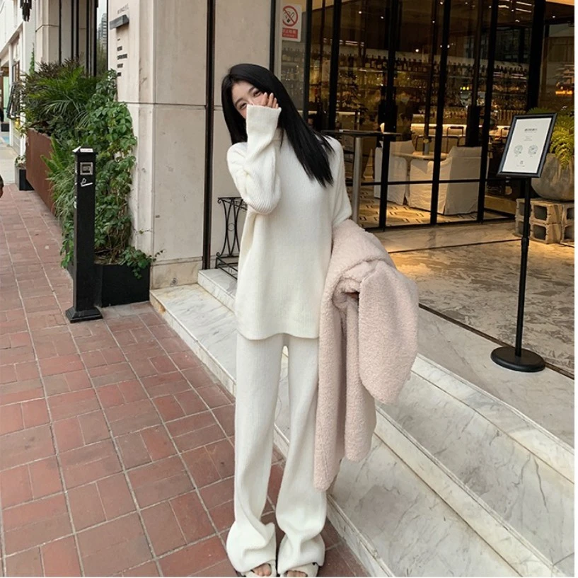 两件套｜秋冬慵懒风针织阔腿裤高领毛衣加密加厚套装