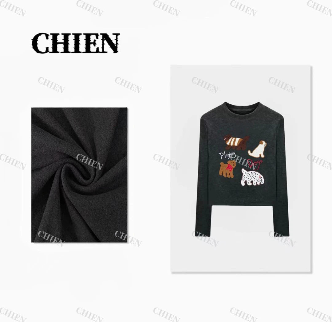 【趣味动物毛巾绣】加绒圆领T恤2024冬季新款长袖t恤女上衣百搭