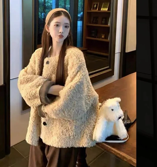 仿羊羔毛圆领长袖外套女装2024秋季新款韩系宽松减龄百搭保暖上衣