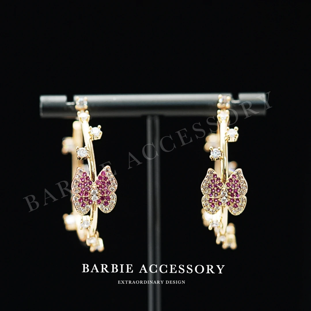 铜合金合成锆石耳饰 【蝶舞星圈】法式中古轻奢设计款高级感耳圈