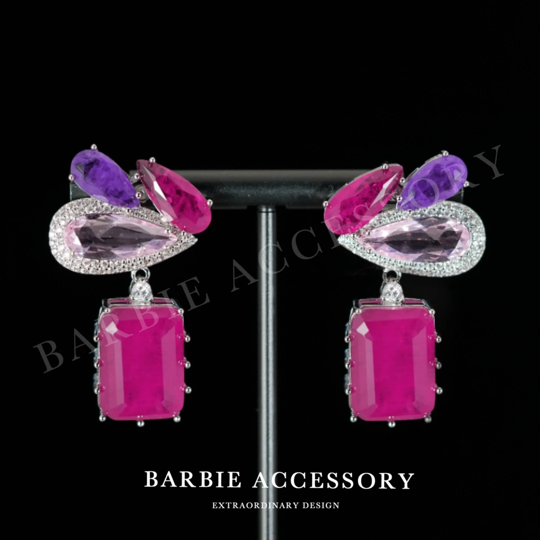 铜合金合成锆石耳饰 【玫红约霞】法式中古轻奢设计款高级感耳饰