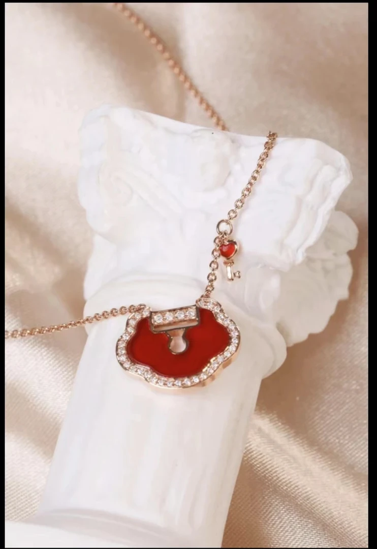 18k金如意锁套链 钻石项链红色坠链镶钻玫瑰金色女士百搭气质轻奢