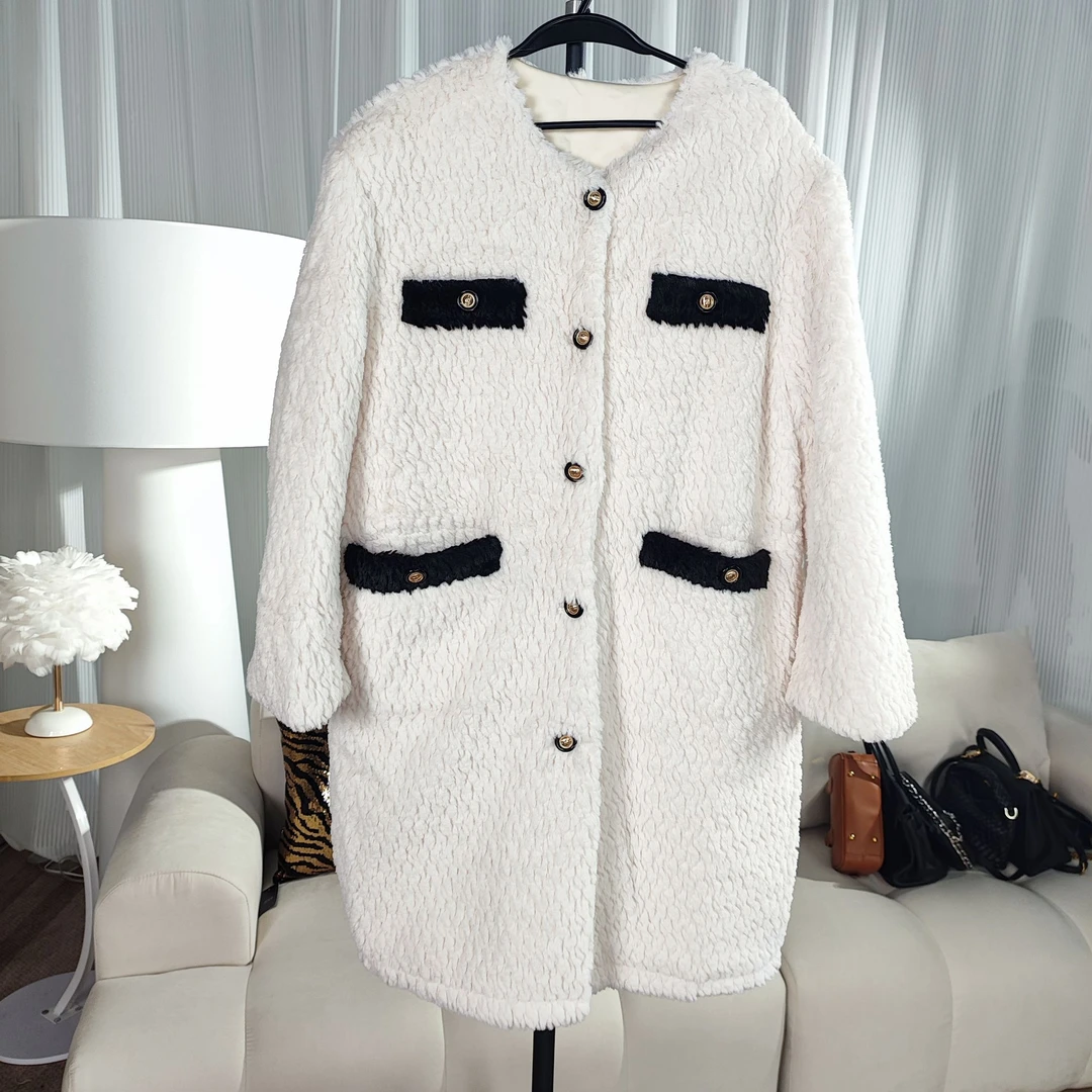 【庄喜儿Original】黑白拼色小香风中长款大衣外套女ZXE2226