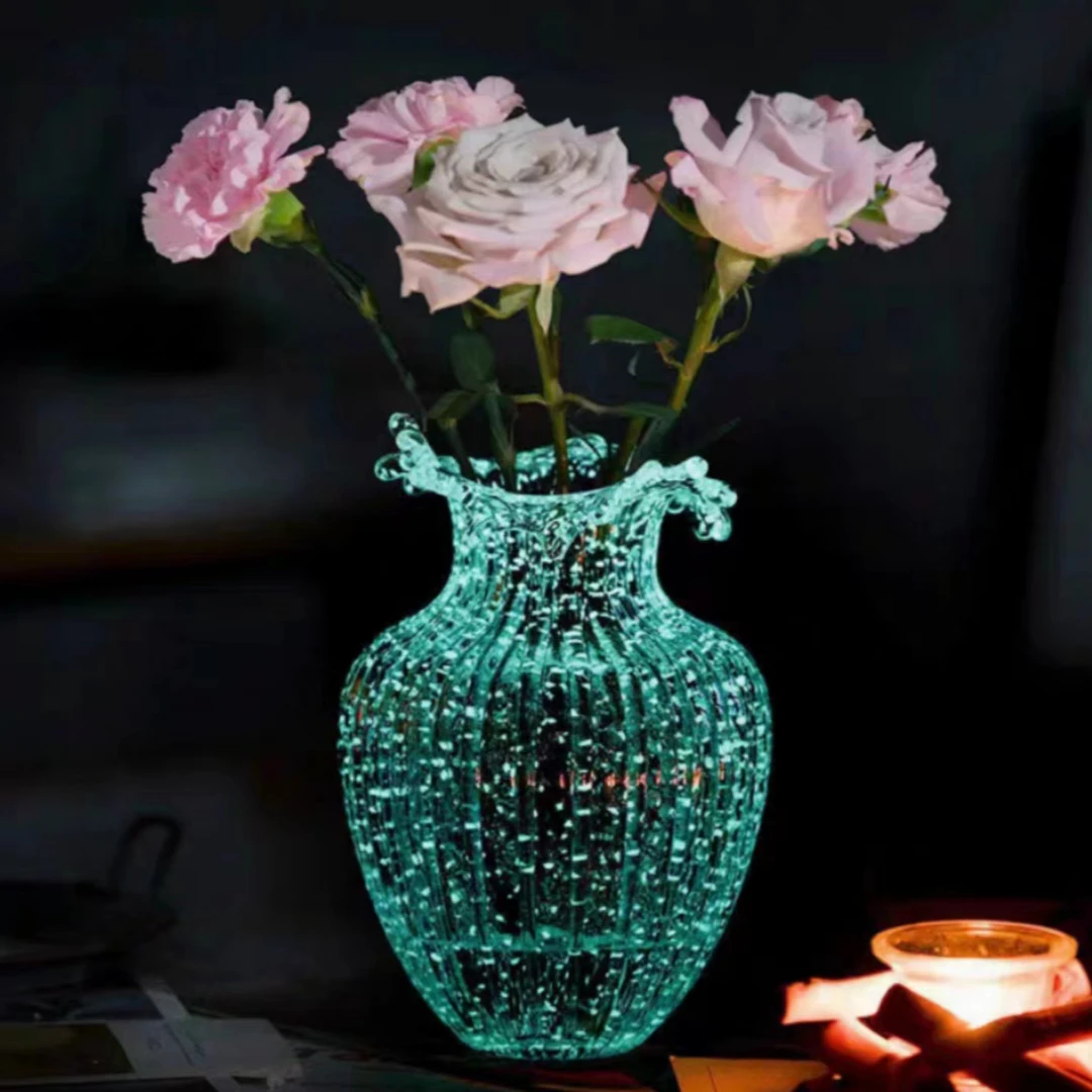 ins风网红夜光荧光冰川花瓶玻璃透明插花玫瑰鲜花客厅餐桌摆件。