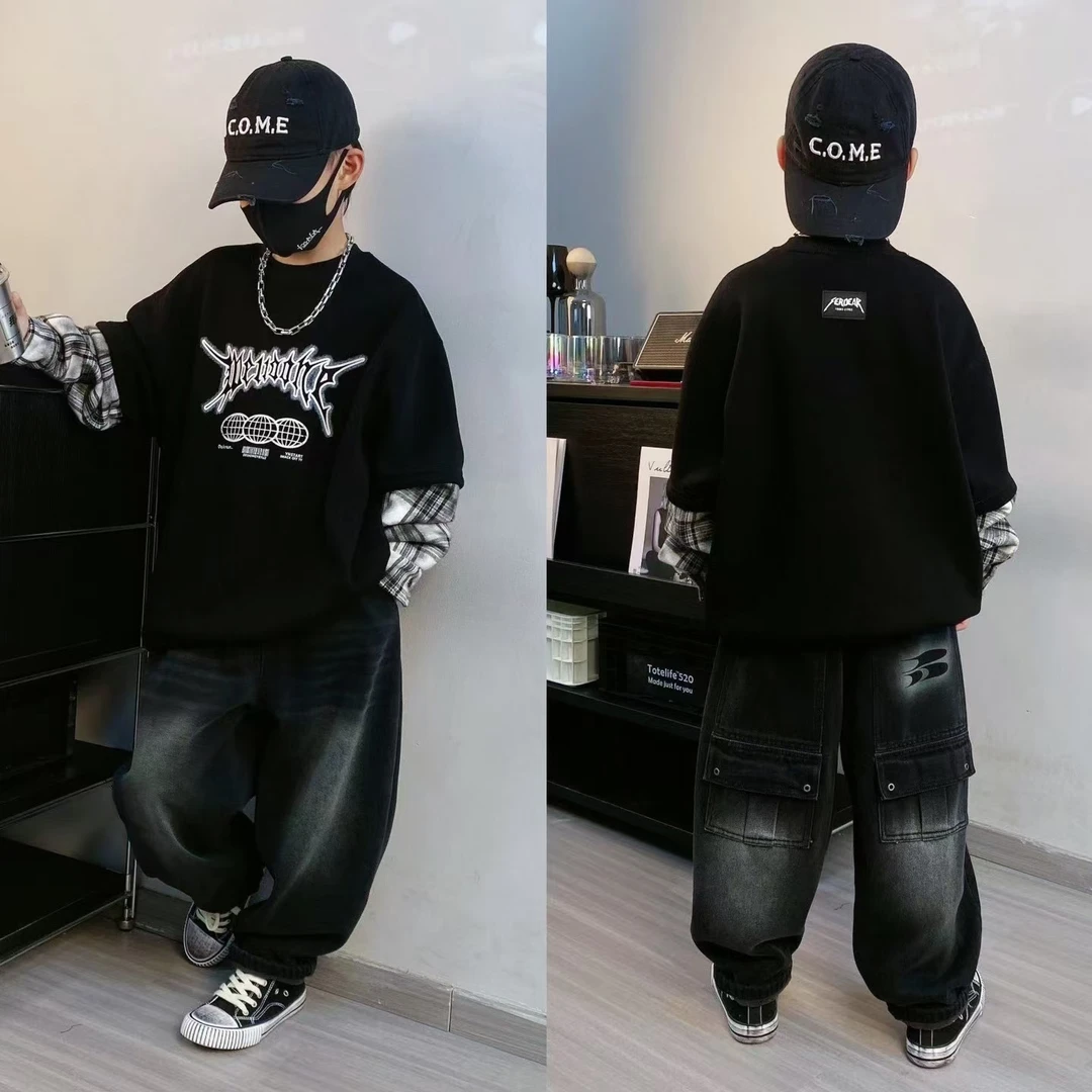 【嘟妈童装】2024儿童冬季加绒假两件卫衣男童韩版加厚上衣2887