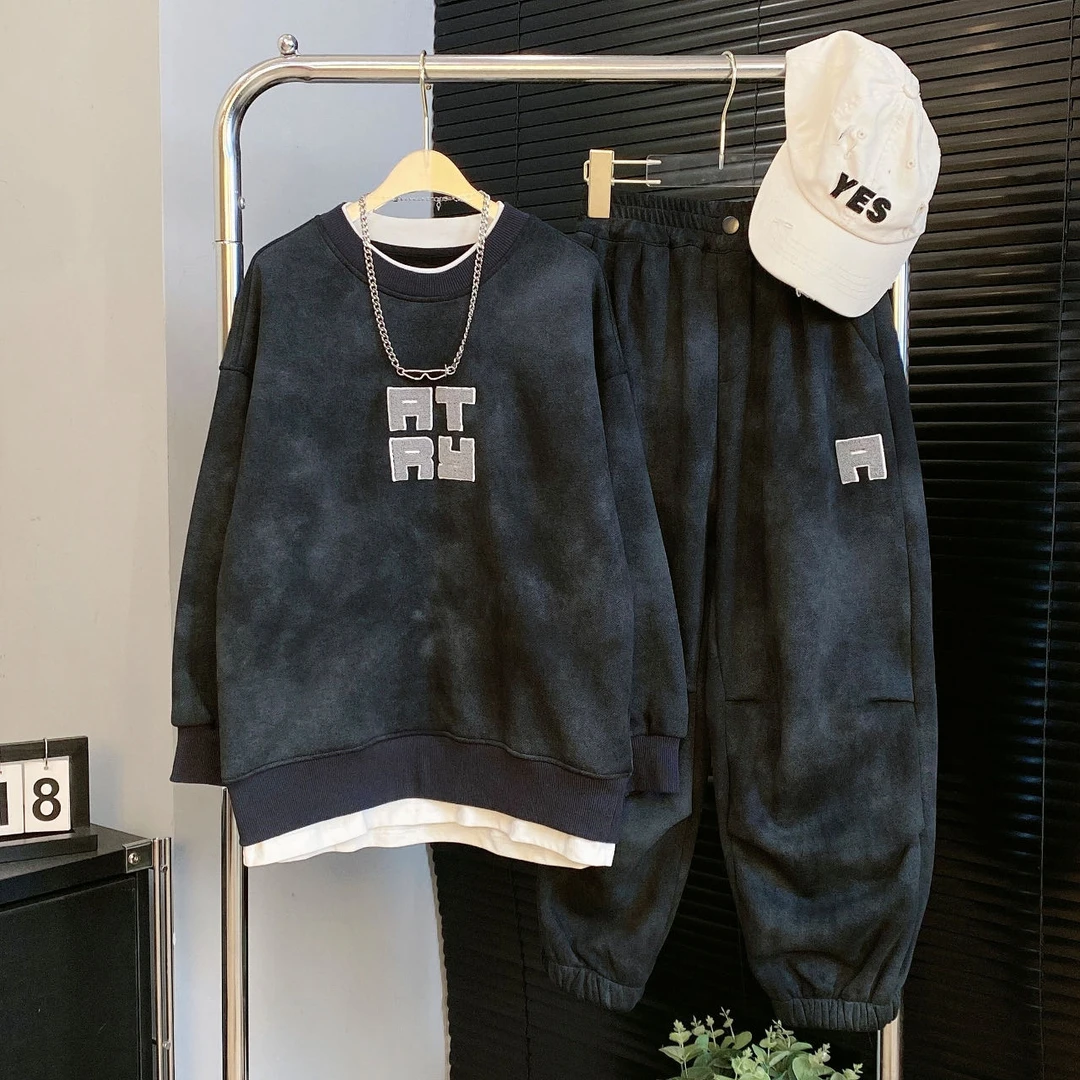 【嘟妈童装】男童2024冬季加绒加厚假两件卫衣+裤子二件套套装3867