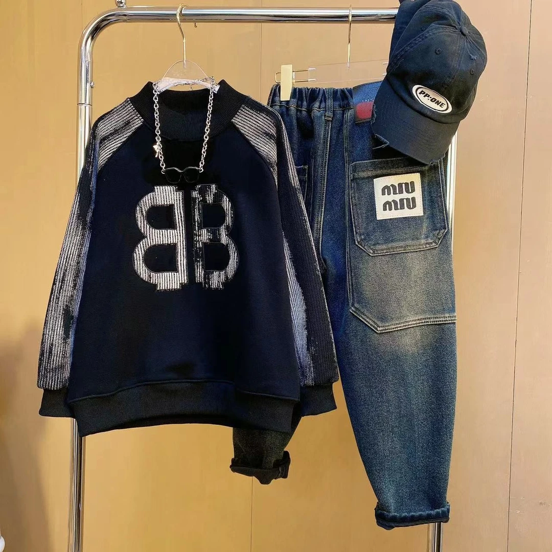 【嘟妈童装】儿童冬季新款加绒加厚拼接卫衣2023男童长袖上衣6382