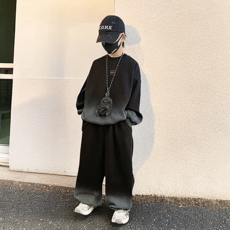 【嘟妈童装】2024儿童加绒渐变色卫衣套装中大童套头加厚二件套5627