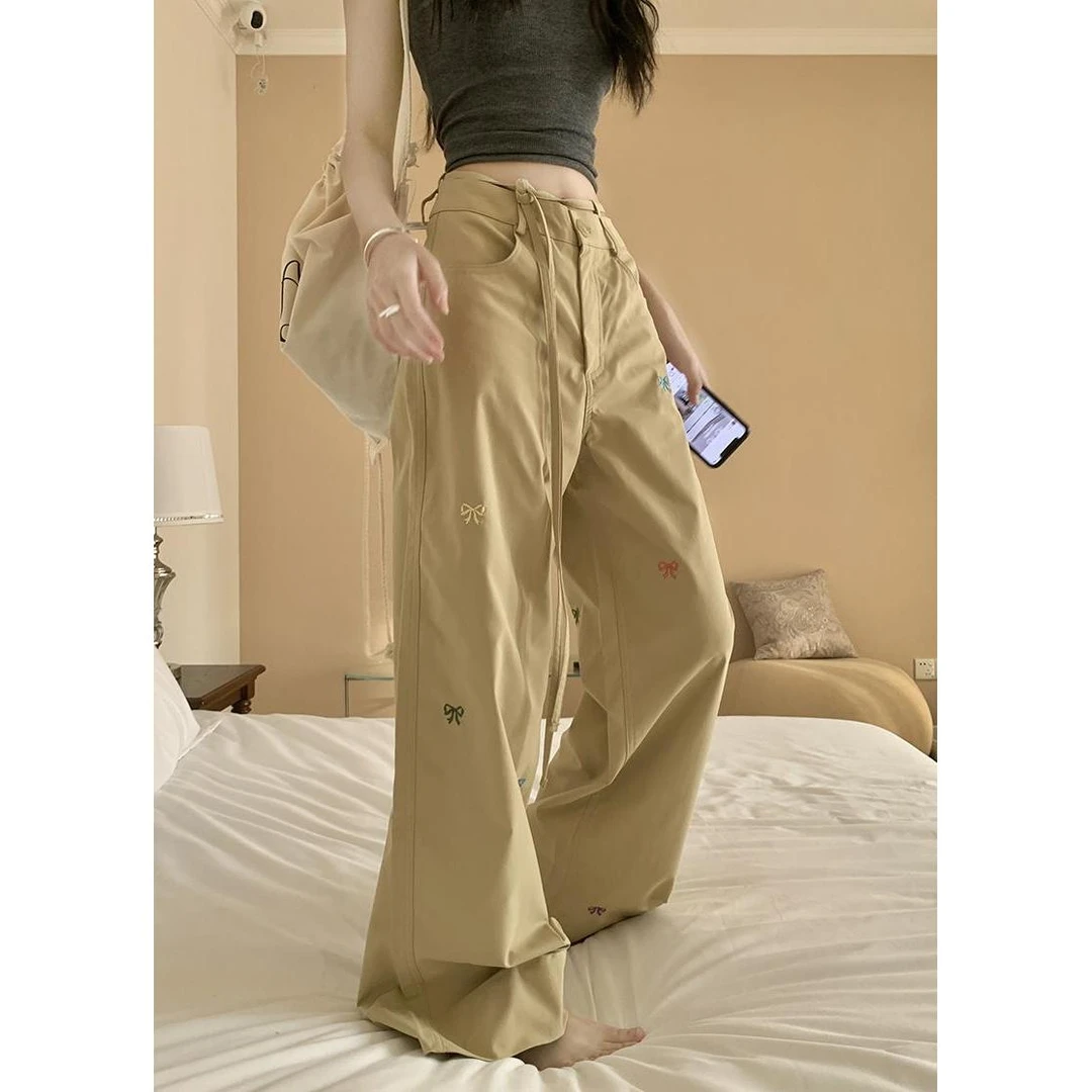 蝴蝶刺绣工装阔腿裤女春秋小个子高腰休闲直筒裤子垂坠感拖地长裤