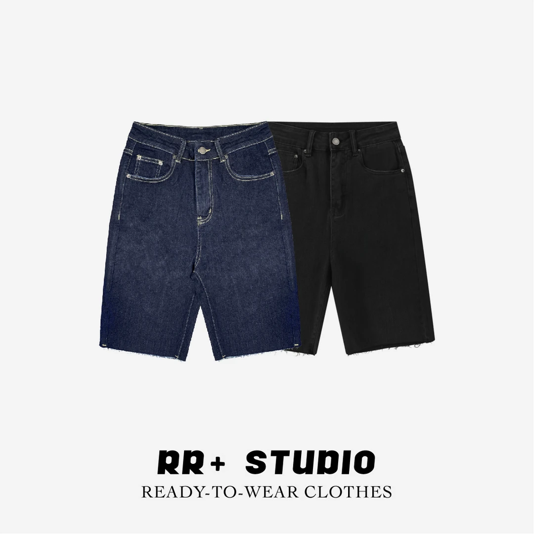 6161港风牛仔短裤夏季薄款高腰直筒显瘦五分毛边中裤