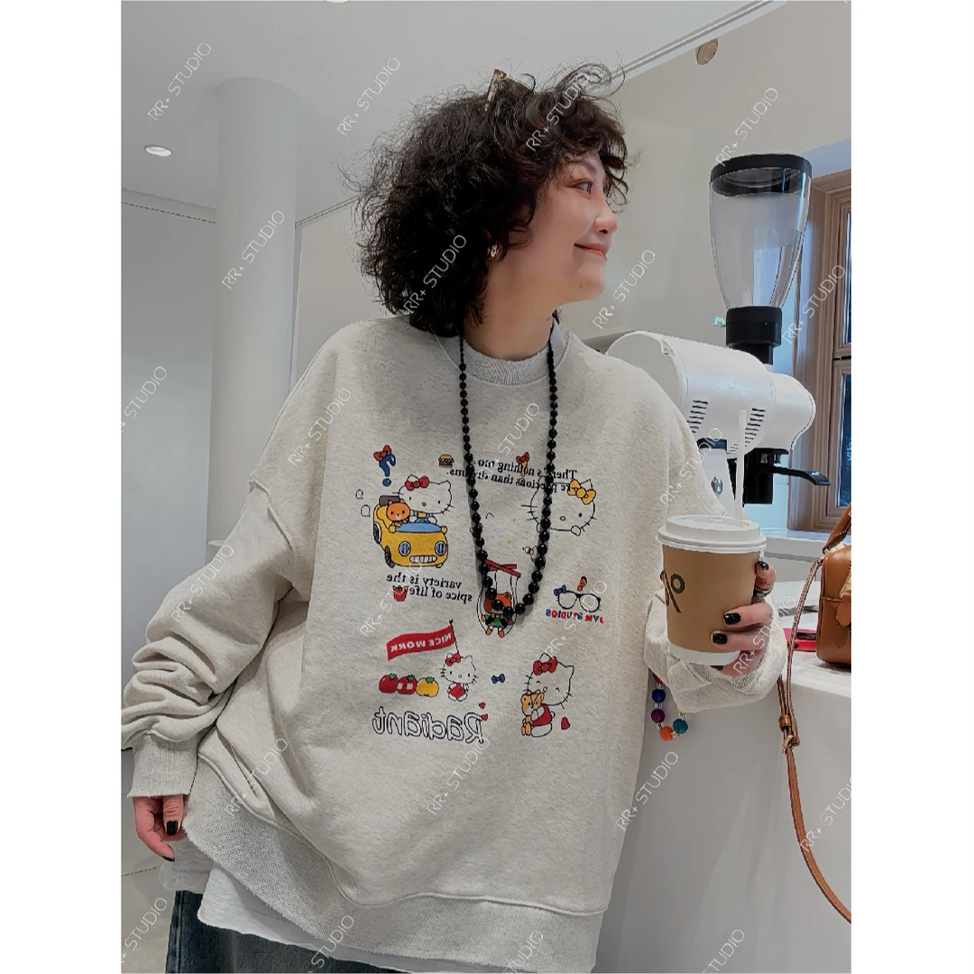 21920萌趣KT猫卡通印花卫衣女秋冬设计感慵懒宽松无帽上衣